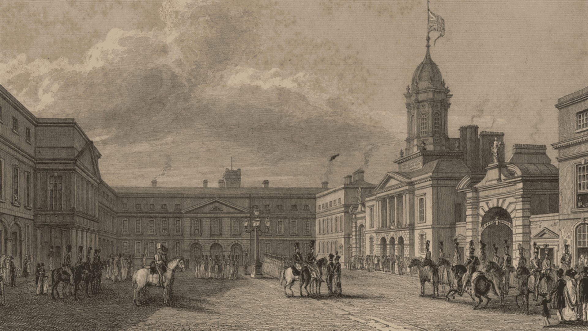 Drawing of the The Great Courtyard at Dublin Castle by French artist Alphonse Dousseau found in his sketchbook titled: “Souvenirs pittoresques de mes voyages dans le Pays de Galles et Irlande”