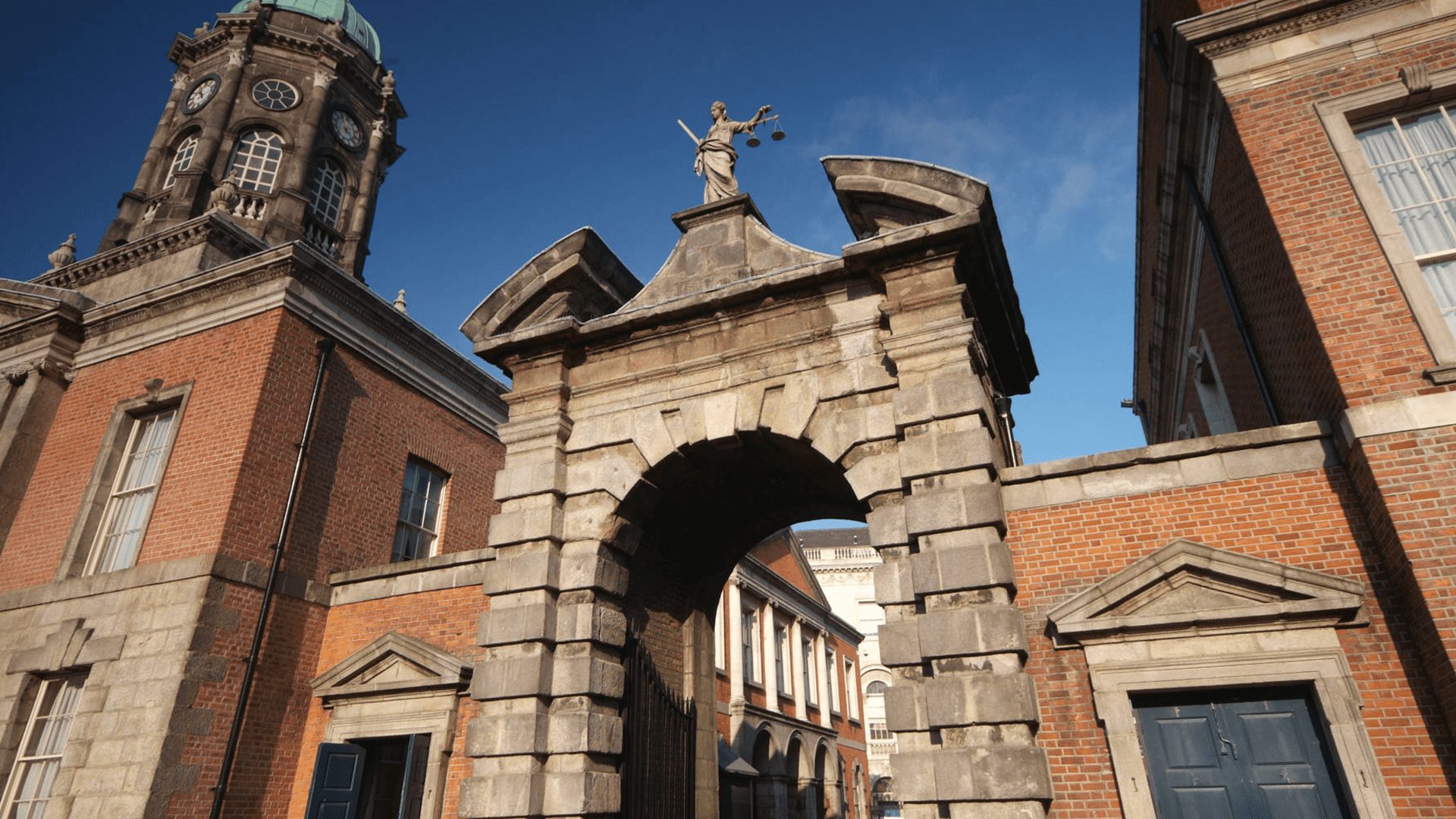 Clock tower and gate at Bedford Hall, The Great Courtyard, Dublin Castle, Ireland