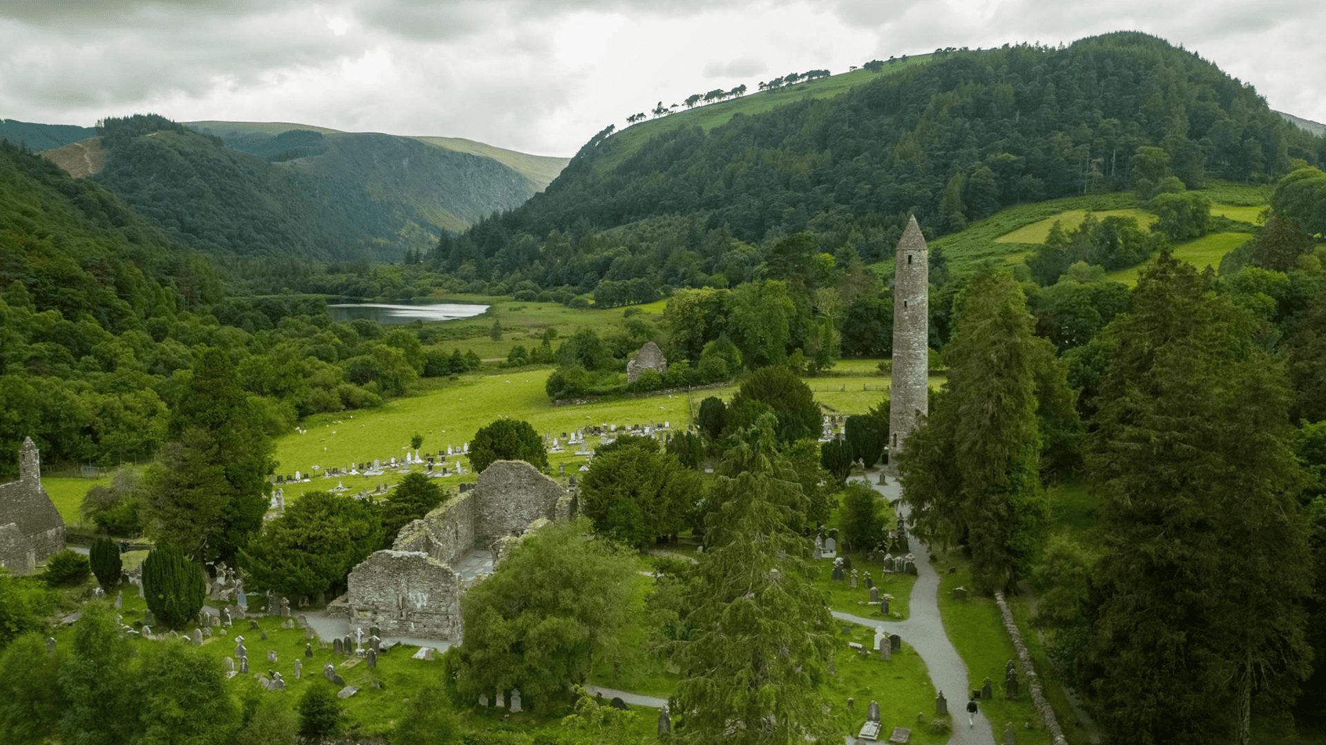 Aerial view of Glendalough Monastic City, Co Wicklow, Ireland