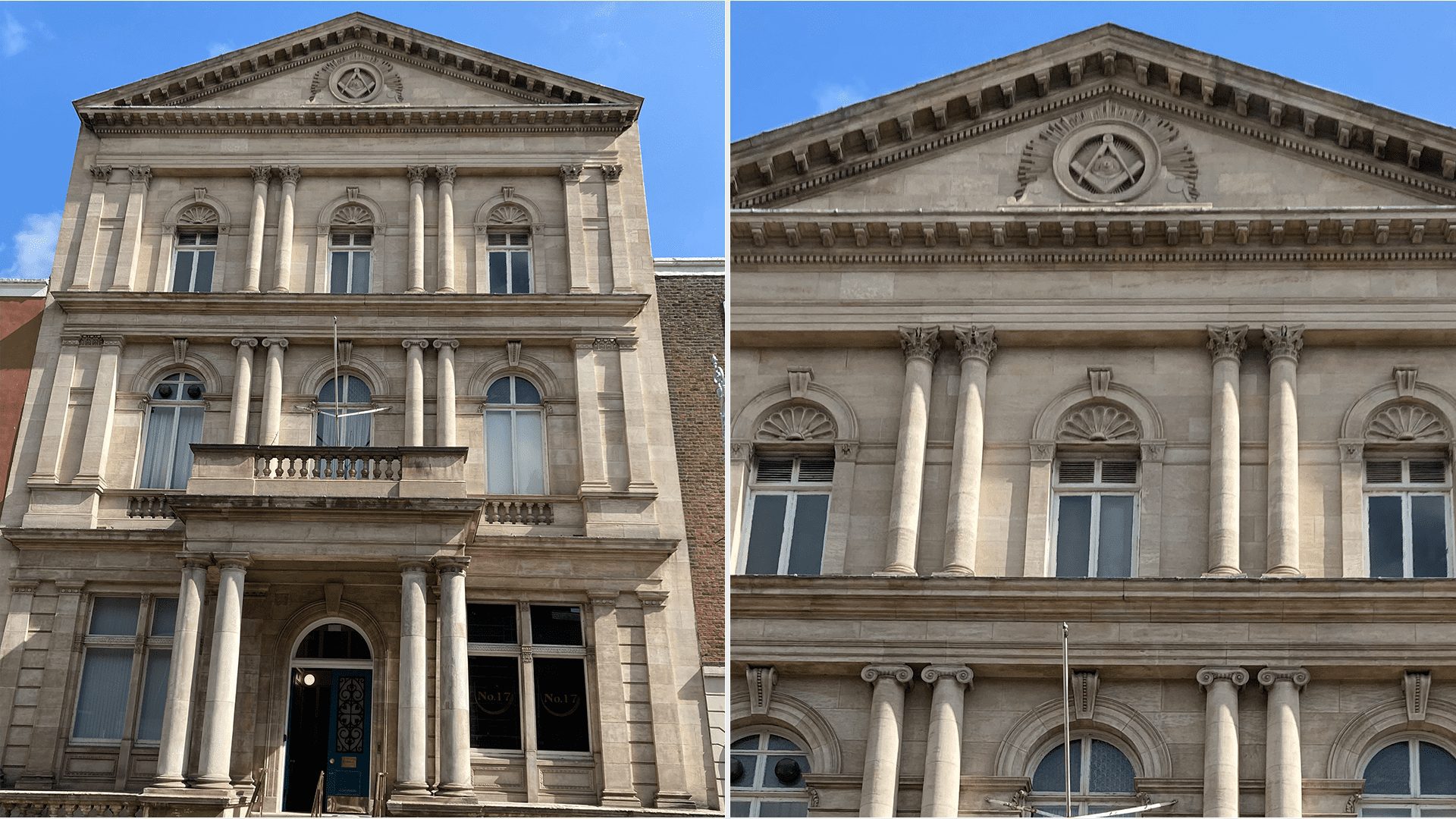 Collage of two pictures of the outside of the The Grand Lodge of Ireland, where a square and compass can be seen at the top of the building’s facade.