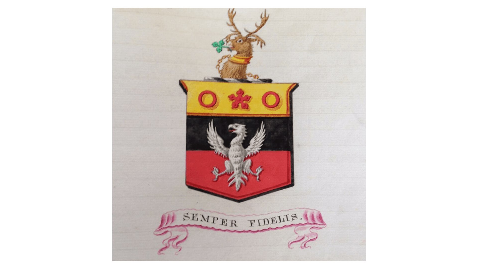 A yellow, black, and red striped coat of arms, with a depiction of a beard of prey in the centre, and a deer holding a 3-leaf clover and a banner below, reading ‘Semper Fidelis’.