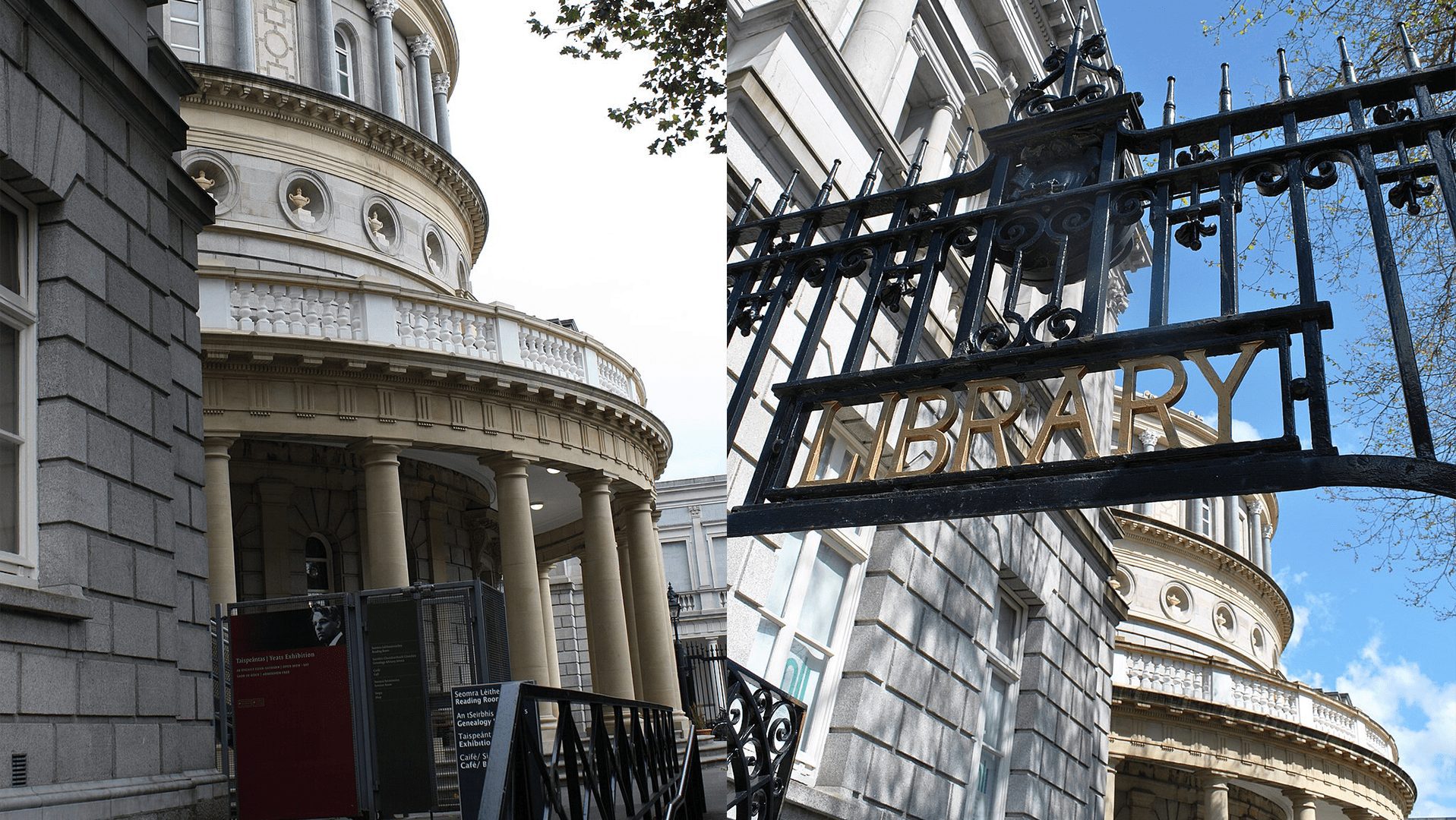 Collage of two photos of the outside of the National Library of Ireland, Dublin.