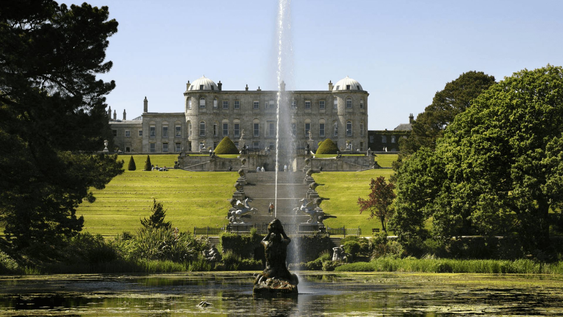 View of the Powerscourt House and fountain, Ireland.