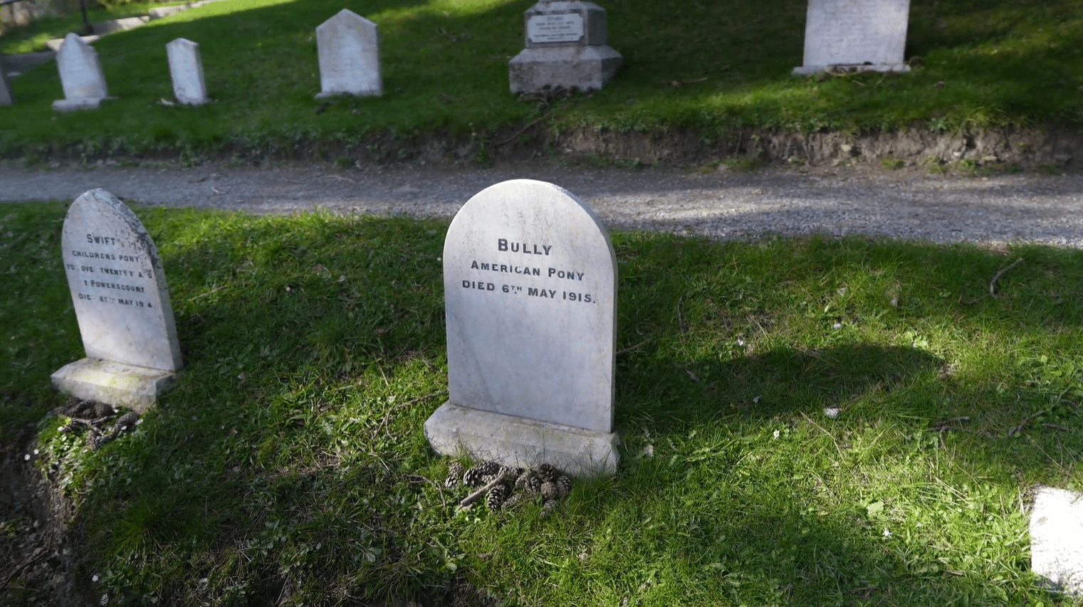 Historic pet cemetery at Powerscourt Estate, County Wicklow, Ireland, featuring marble headstones for the Wingfield family's animals including Bully the American Pony, 1915