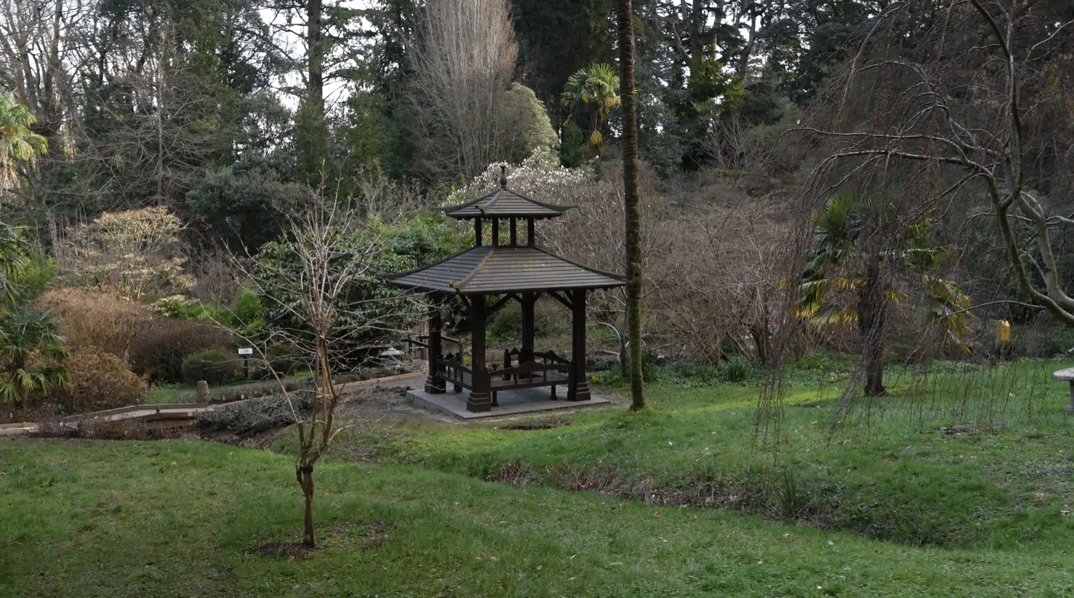 Japanese Garden pagoda pavilion at Powerscourt Gardens, Enniskerry, County Wicklow, Ireland, a highlight of John's private garden tours from Dublin